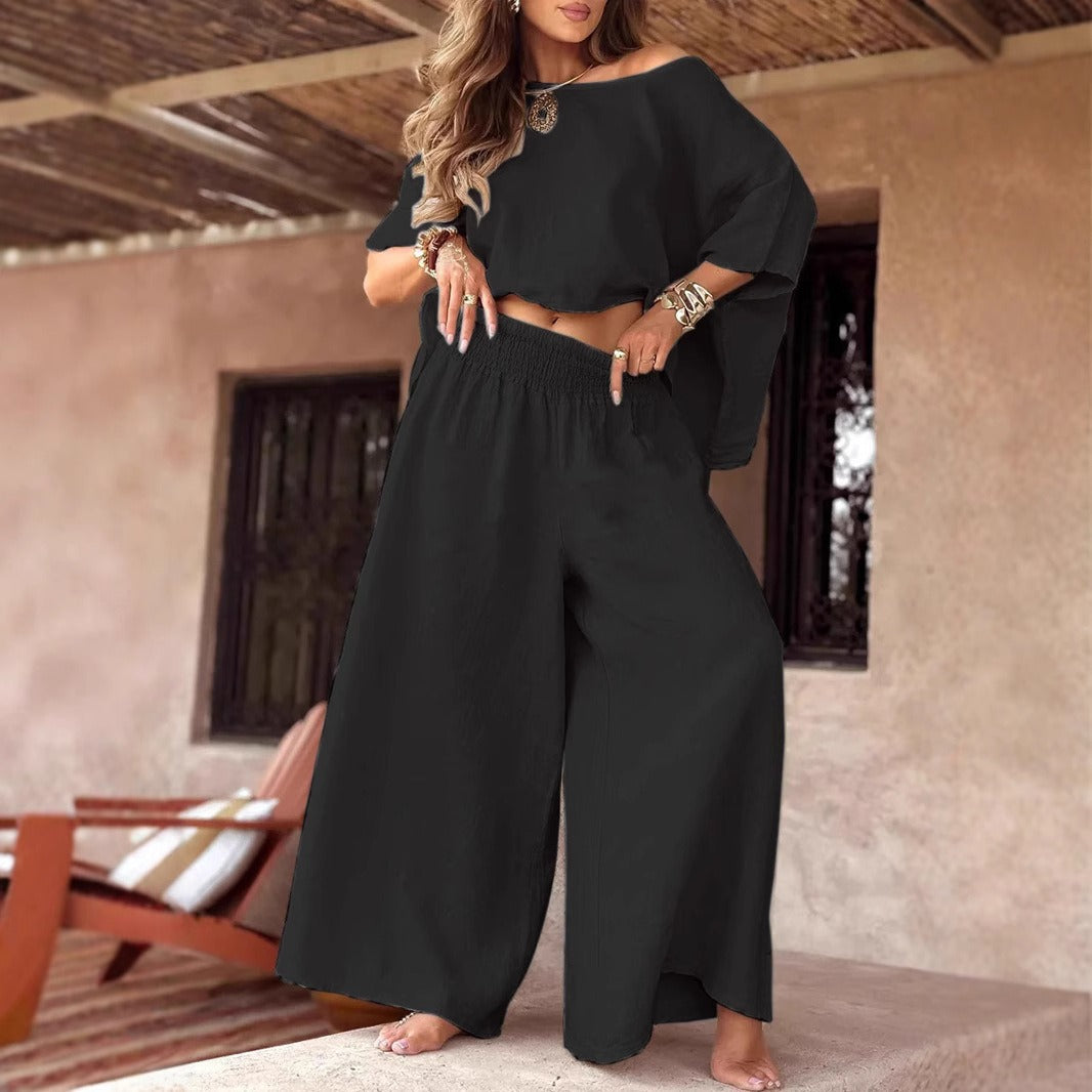 Damen Leichter Leinen-Zweiteiler mit Cropped Oversize-Top und Smokbund-Palazzohose Shop Nory