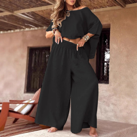 Damen Leichter Leinen-Zweiteiler mit Cropped Oversize-Top und Smokbund-Palazzohose Shop Nory