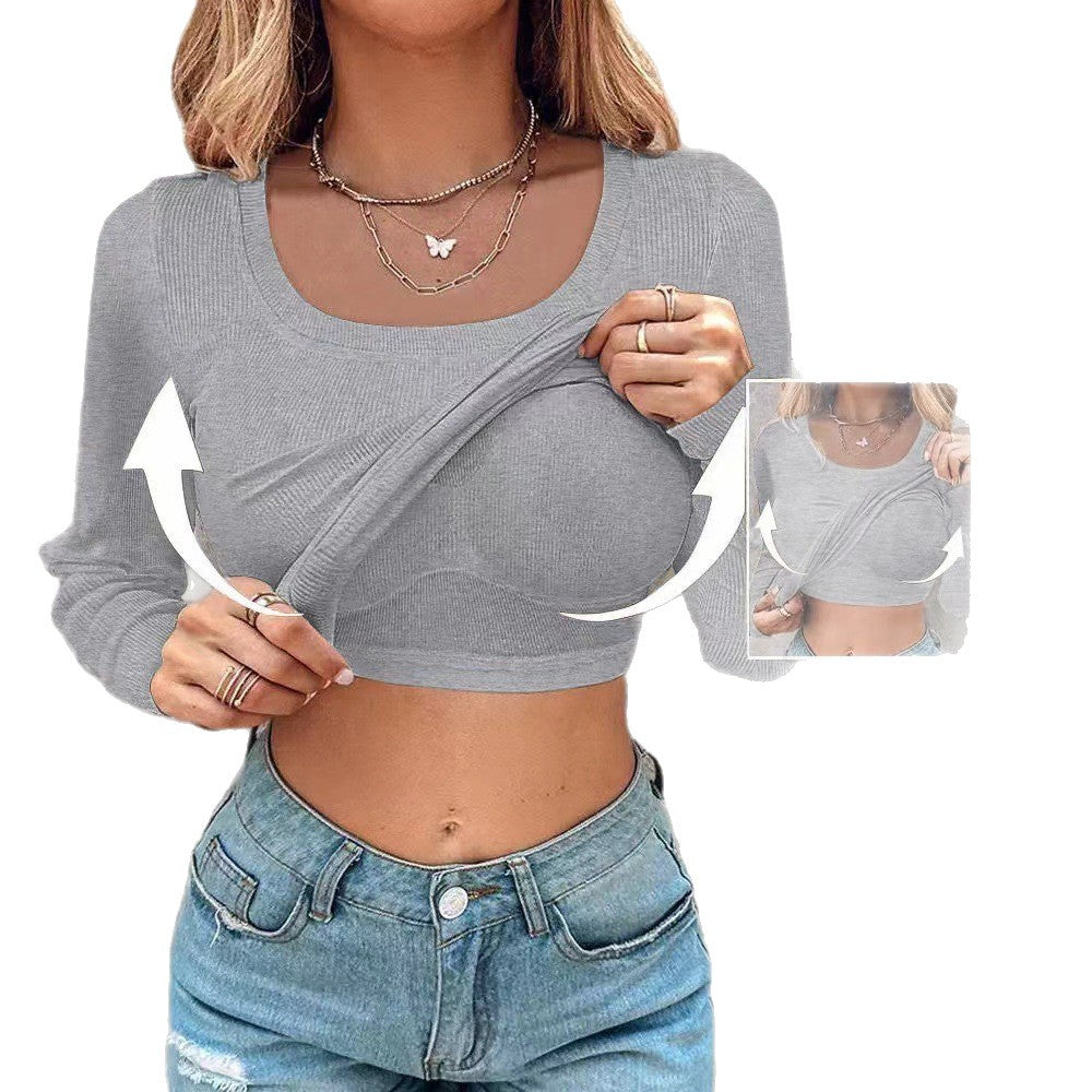Damen Cropped Rippenstrick Langarmshirt mit integriertem Bustier Shop Nory