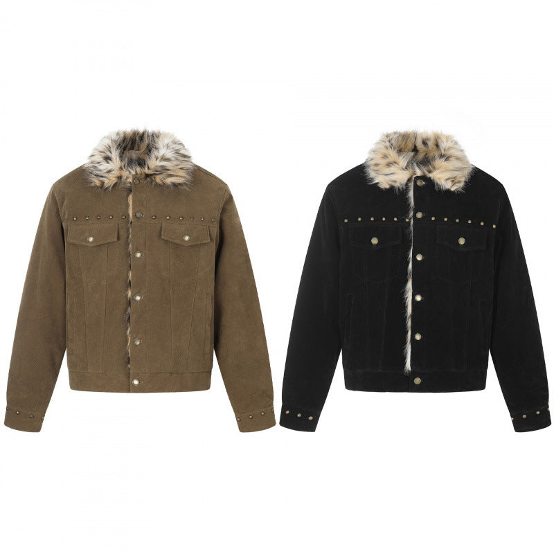 Herren Kurzjacke aus Velourslederimitat mit Kunstfellkragen und Nieten-Details Shop Nory