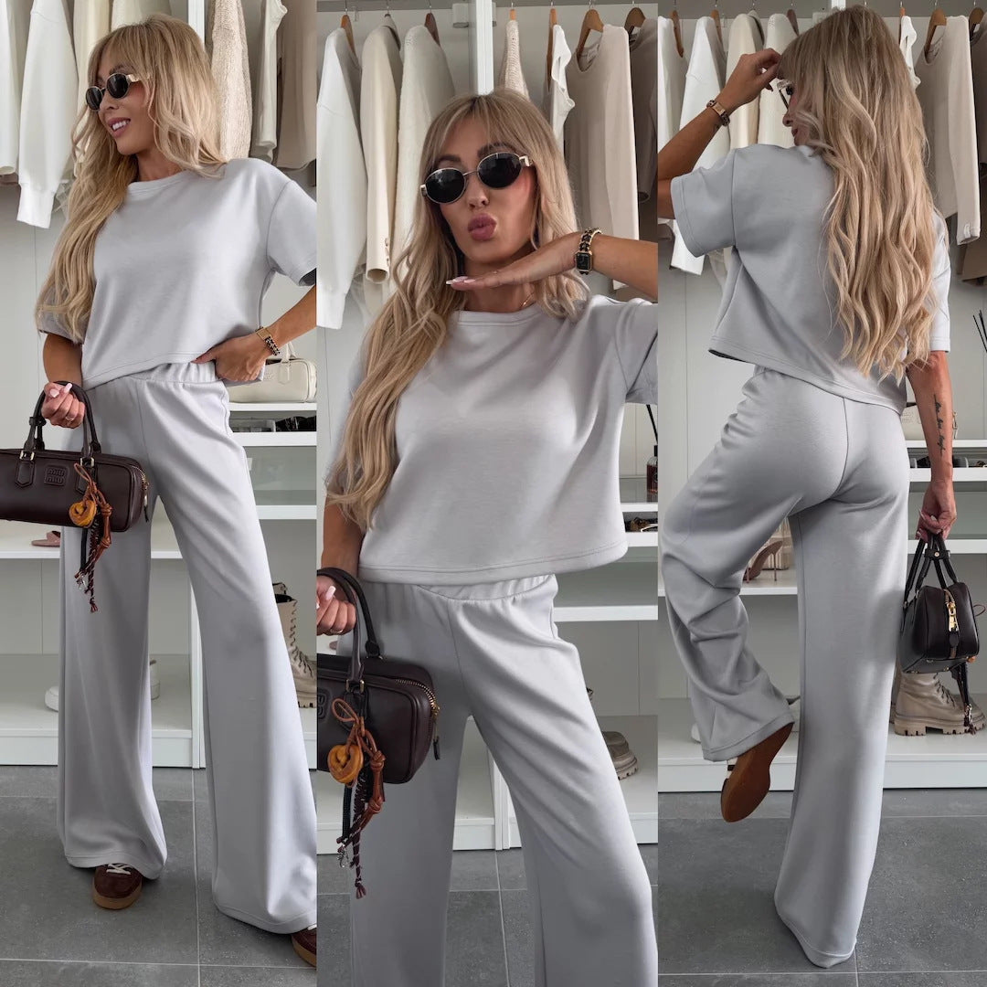 Damen Loungewear-Zweiteiler mit Cropped-Boxy-Shirt und fließender High-Waist Palazzo-Hose Shop Nory