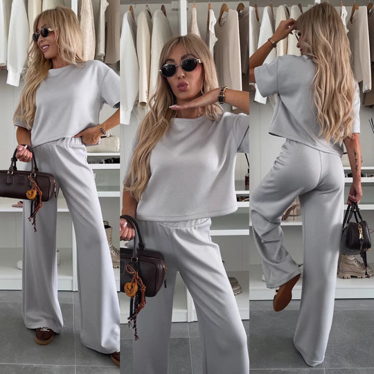Damen Loungewear-Zweiteiler mit Cropped-Boxy-Shirt und fließender High-Waist Palazzo-Hose Shop Nory