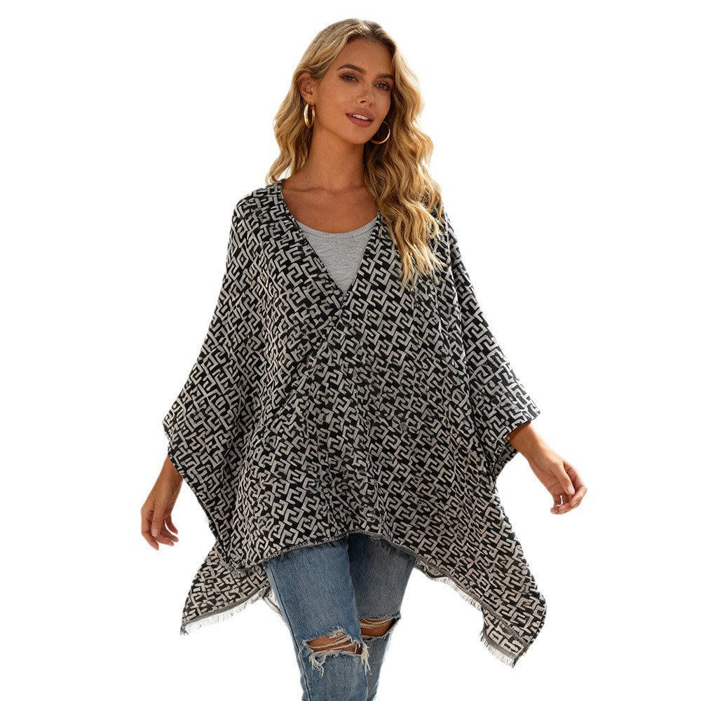 Damen Offener Jacquard‑Poncho im Kimono‑Schnitt mit geometrischem Allovermuster Shop Nory