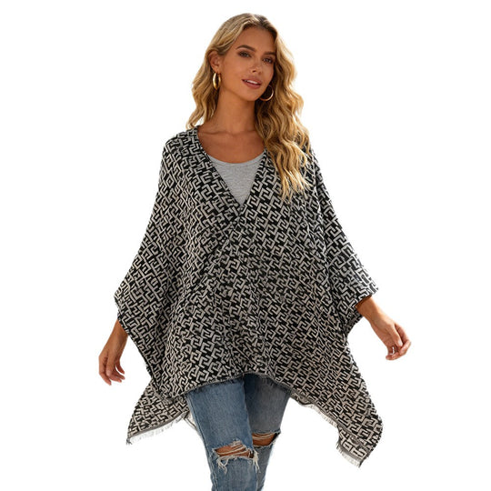 Damen Offener Jacquard‑Poncho im Kimono‑Schnitt mit geometrischem Allovermuster Shop Nory