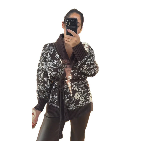 Damen Strickcardigan mit Schalkragen, Fair-Isle-Muster und Bindegürtel Shop Nory
