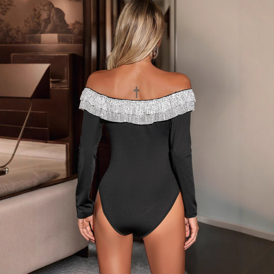 Damen Schulterfreier Bodysuit mit Pailletten-Volant und Langarm Shop Nory