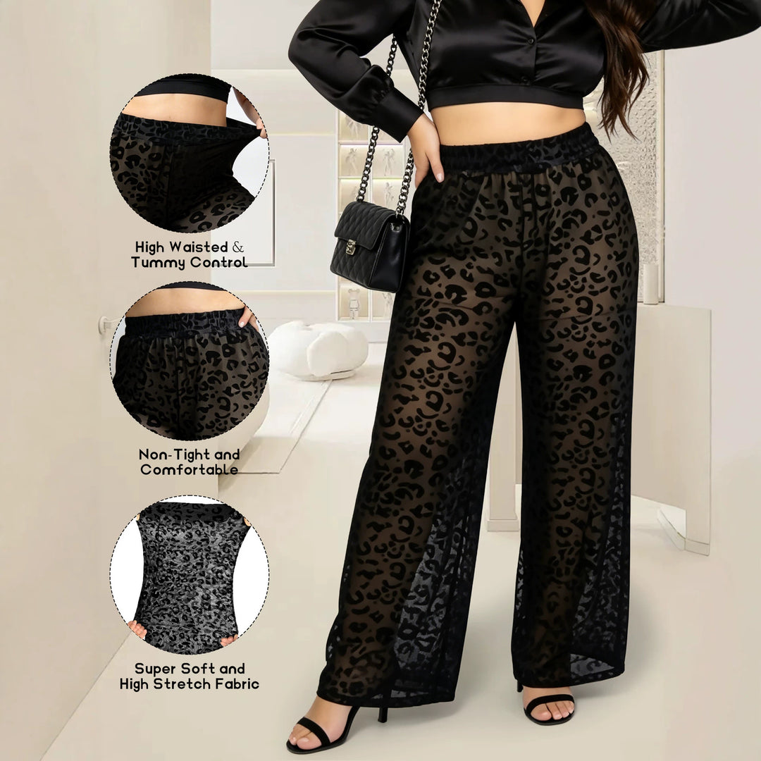 Damen Hochtaillierte weit geschnittene Chiffon-Hose mit Leopardmuster und Bauchkontrolle Shopy Nory