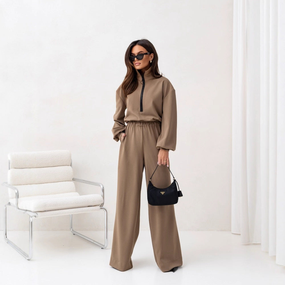 Damen relaxed-fit Zip-Pullover mit elastischem Taillenbund und extraweiter Palazzo-Hose Zweiteiler Shop Nory