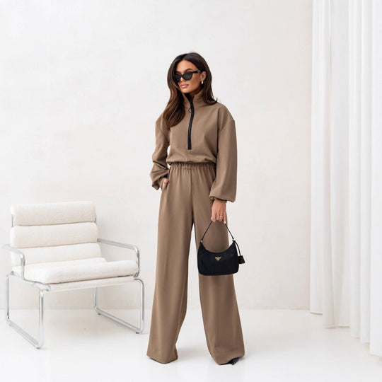 Damen relaxed-fit Zip-Pullover mit elastischem Taillenbund und extraweiter Palazzo-Hose Zweiteiler Shop Nory