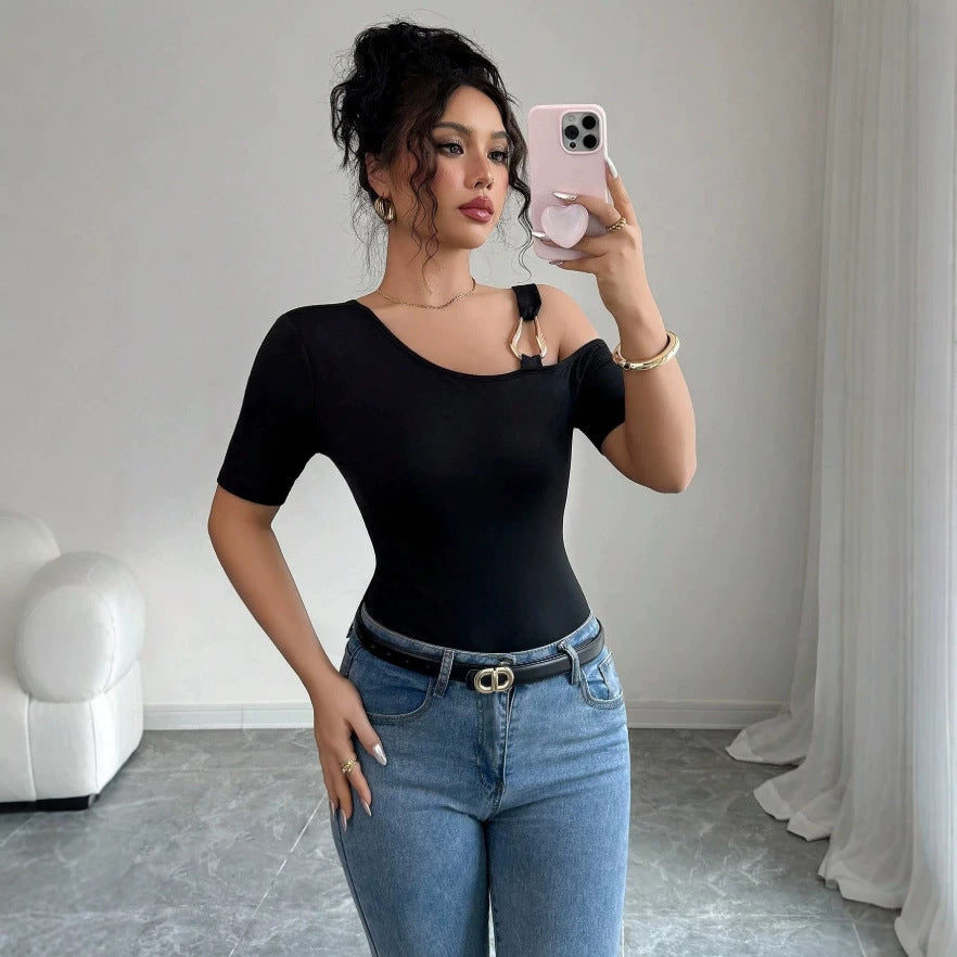 Damen eleganter Body mit asymmetrischem Ausschnitt und kurzärmeliger Gestaltung Shopnory
