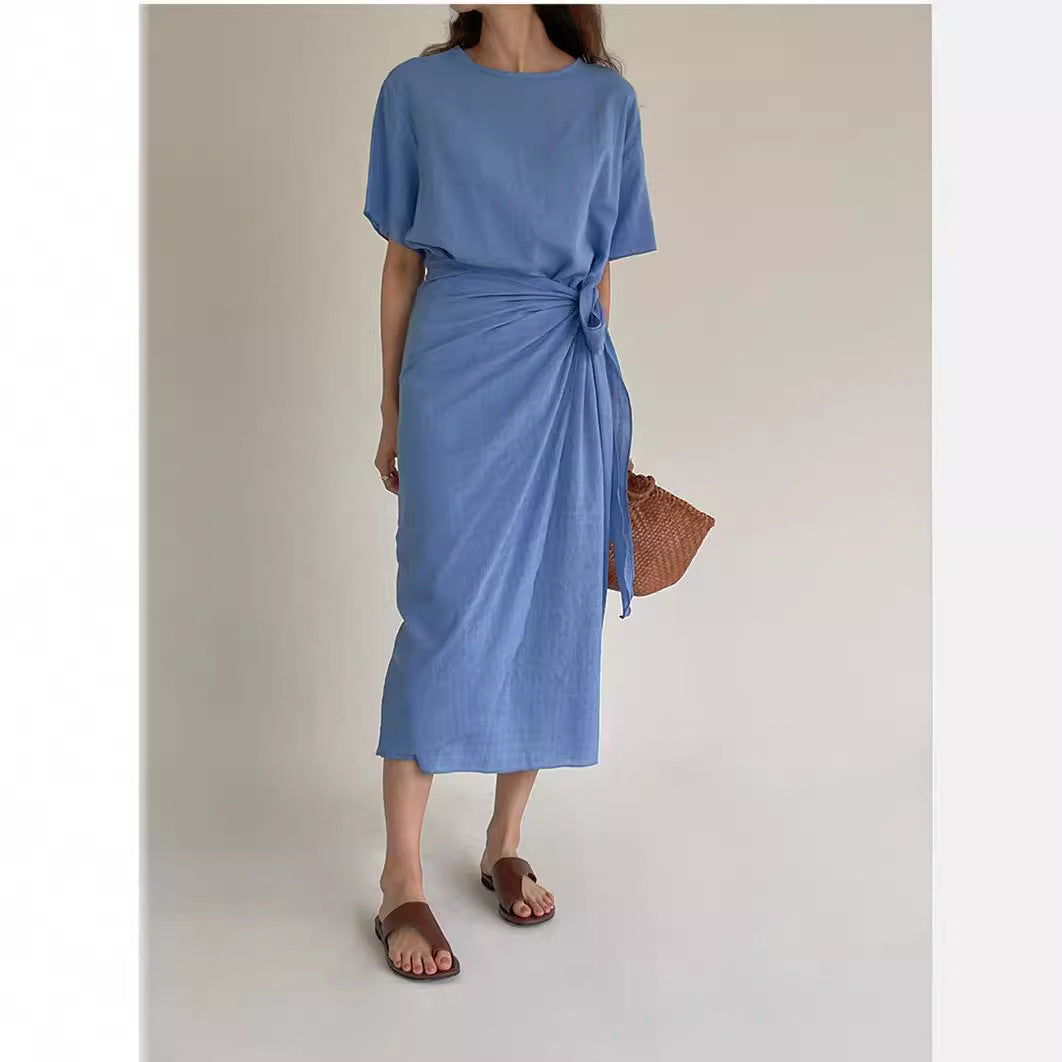 Damen Midi-Kleid mit seitlicher Knotendrapierung, überschnittener Kurzarm und gerader Silhouette Shop Nory