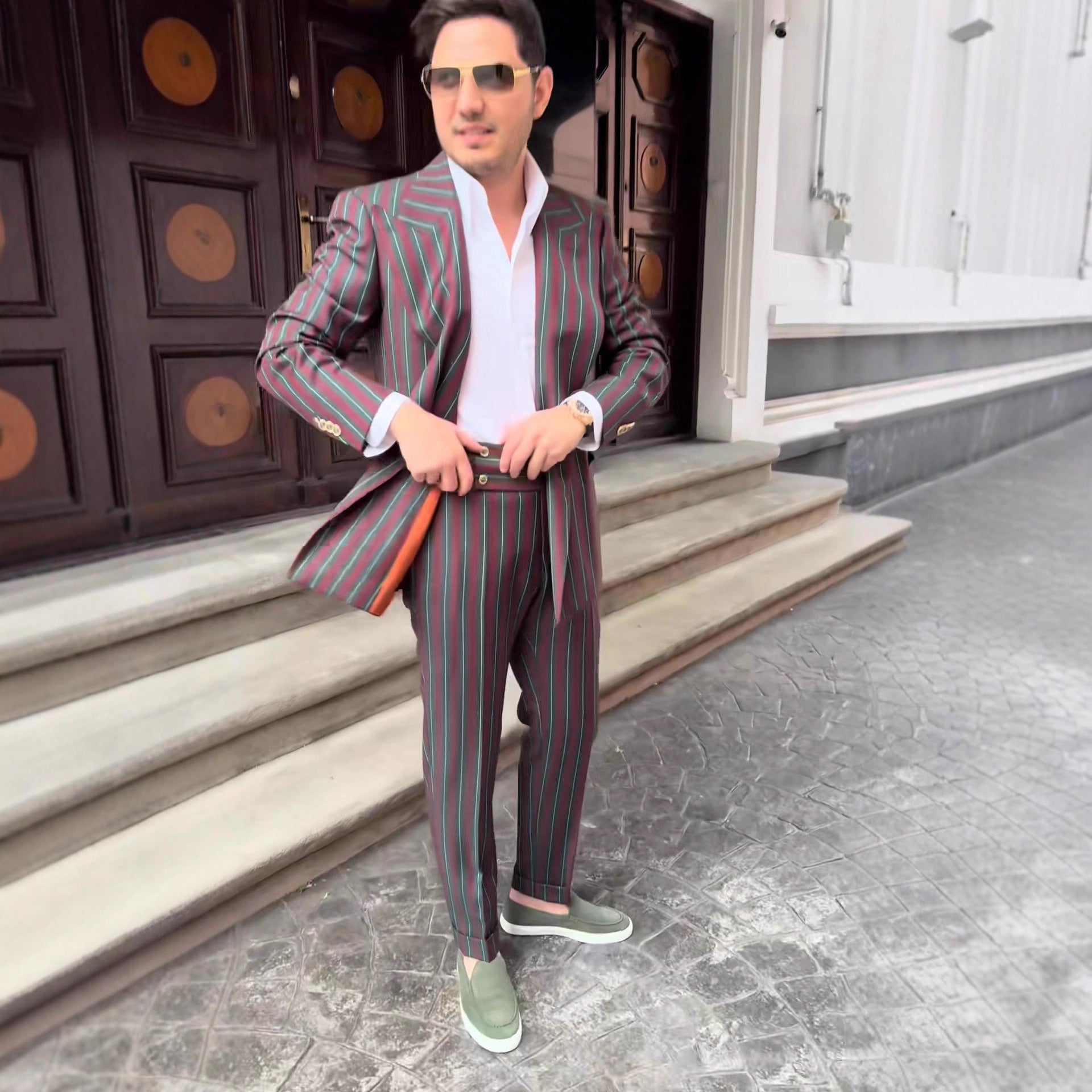 Herren elegante Anzug mit doppelter Knopfreihe und modischen Streifen Shopnory