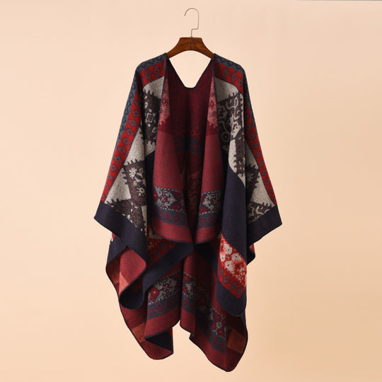 Damen Jacquard-Poncho im Deckenstil mit offener Front und Zierstich Shop Nory
