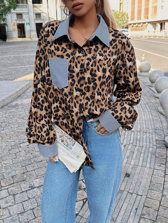 Damen Oversize-Hemdbluse mit Nadelstreifen und Leoprint-Details Shop Nory