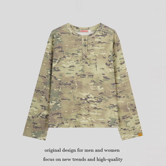 Damen Langarm-Henleyshirt im Waffelstrick mit Militär-Camouflage-Print und Knopfleiste Shop Nory