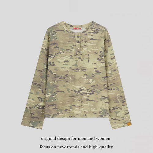Damen Langarm-Henleyshirt im Waffelstrick mit Militär-Camouflage-Print und Knopfleiste Shop Nory