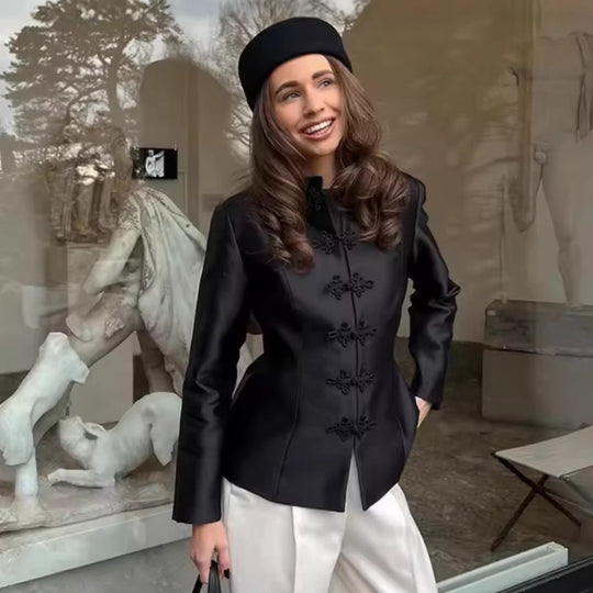 Damen Taillierte Kurzjacke im Mandarinstil mit dekorativen Zierknoten Shop Nory