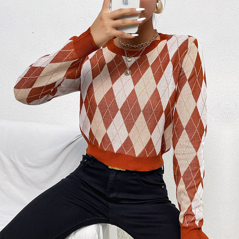 Damen Taillierter Kurzpullover im Rautenmuster mit Feinstrick und Rippbündchen Shop Nory