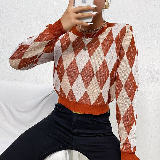 Damen Taillierter Kurzpullover im Rautenmuster mit Feinstrick und Rippbündchen Shop Nory