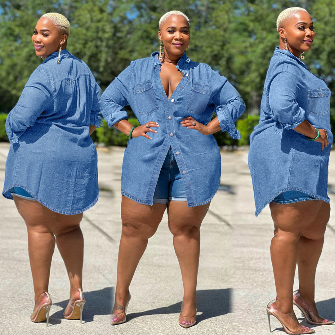Damen Oversize-Denim-Hemdbluse im Longline-Schnitt mit Rollärmeln und Brusttaschen Shop Nory