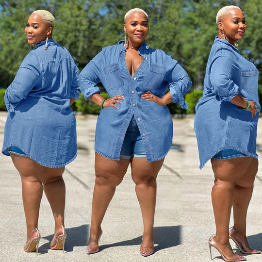 Damen Oversize-Denim-Hemdbluse im Longline-Schnitt mit Rollärmeln und Brusttaschen Shop Nory