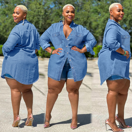 Damen Oversize-Denim-Hemdbluse im Longline-Schnitt mit Rollärmeln und Brusttaschen Shop Nory