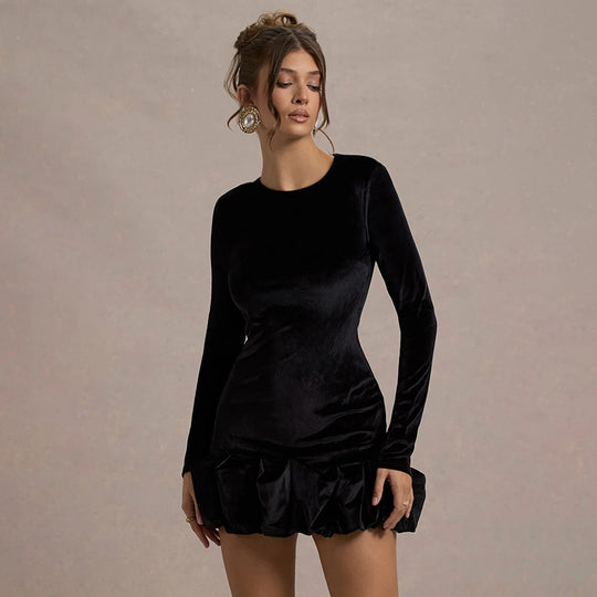 Damen Figurbetontes Samt-Minikleid mit langen Ärmeln und gerafftem Volant-Saum Shop Nory