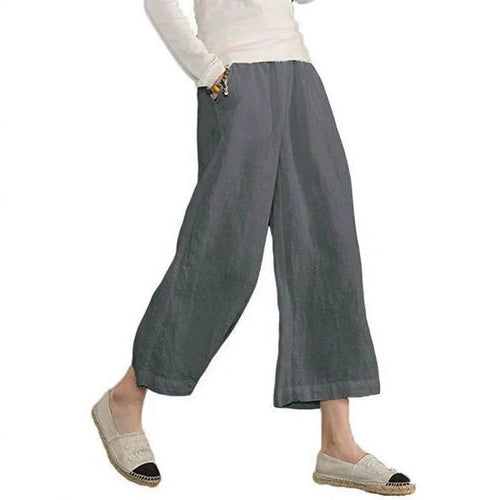 Damen weite Leinenhose mit seitlichen Taschen und elastischem Bund