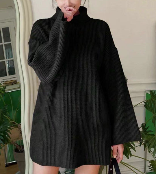 Damen Langer Strickpullover mit hohem Kragen und weit ausgestellten Ärmeln
