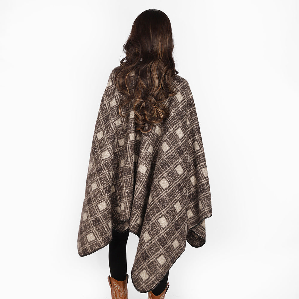 Damen Strukturierter Wollmix-Poncho im Ruana‑Schnitt mit kastiger Silhouette und Karo-Jacquard Shop Nory