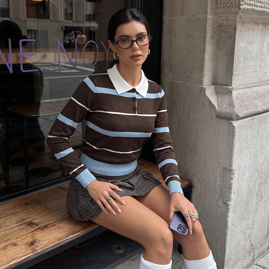 Damen Slim-Fit Polo-Strickpullover mit Retro-Streifen und kontrastierendem Hemdkragen Shop Nory