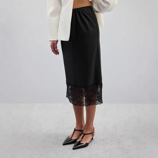 Damen eleganter Satin-Rock mit floralen Spitzenakzenten