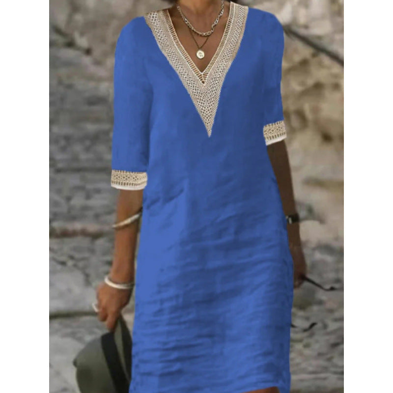 Damen Leichtes Leinen-Midikleid mit V-Ausschnitt und Häkelspitzenbesatz Shop Nory