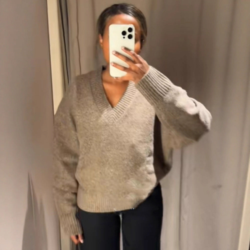 Damen Oversized V-Ausschnitt Strickpullover mit geripptem Saum Shop Nory