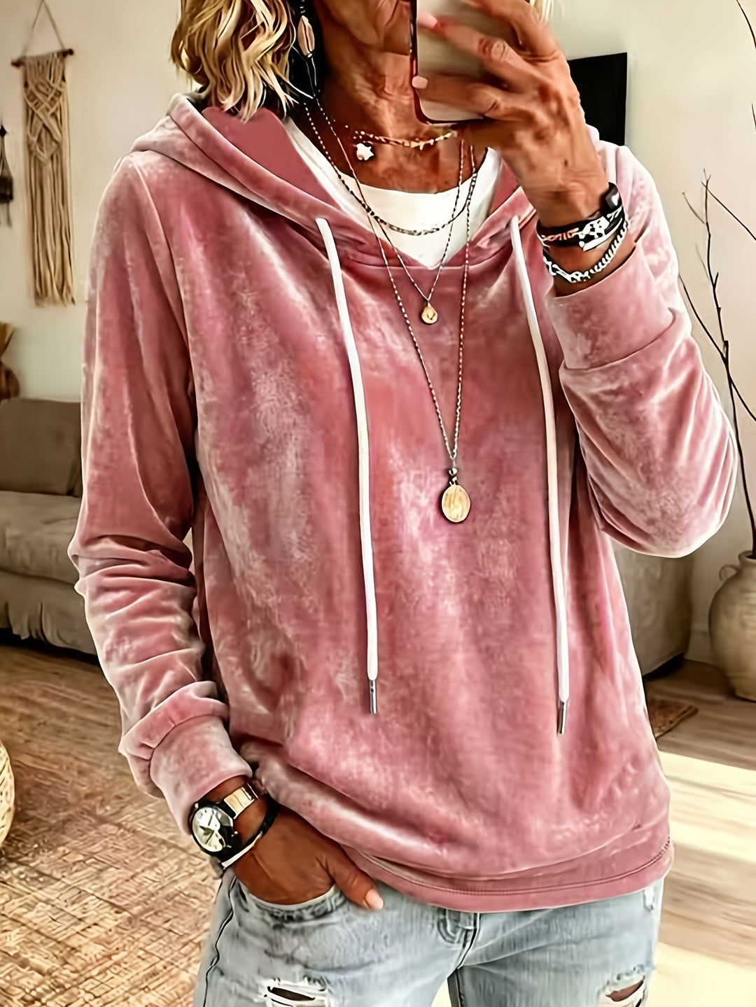 Damen Samt-Kapuzenpullover mit Relaxed-Fit und Kordelzug Shop Nory