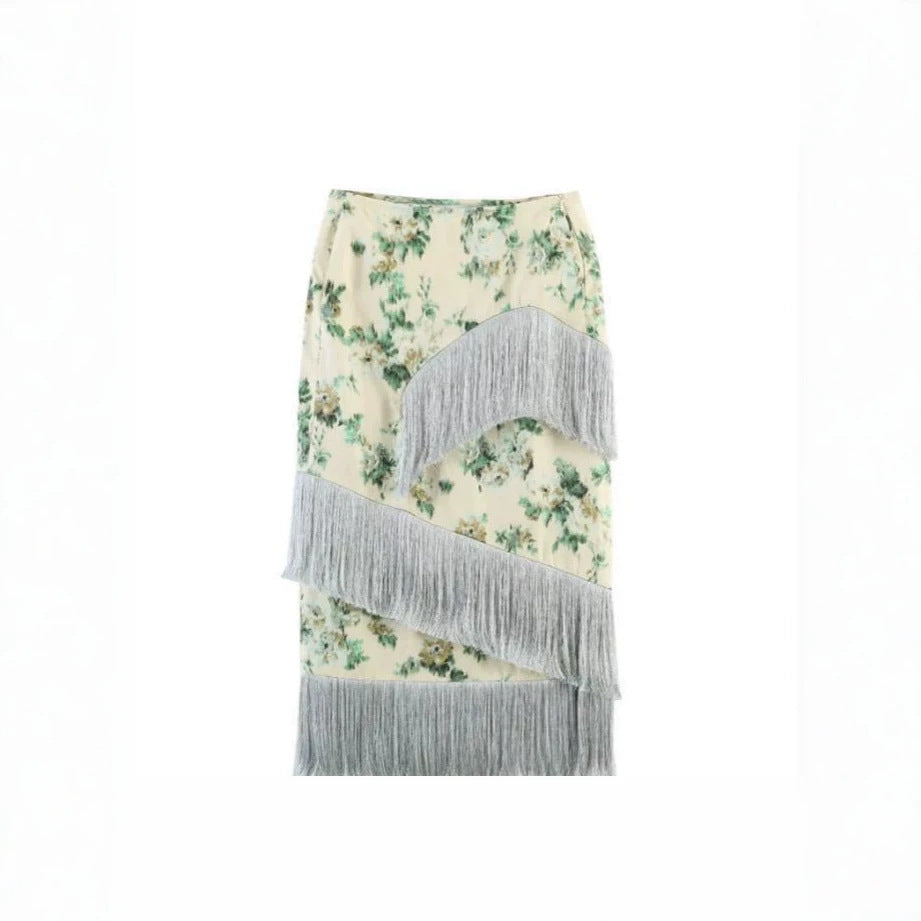 Damen Floral bedruckter Midirock mit diagonalem Fransenbesatz und schlanker Silhouette Shop Nory
