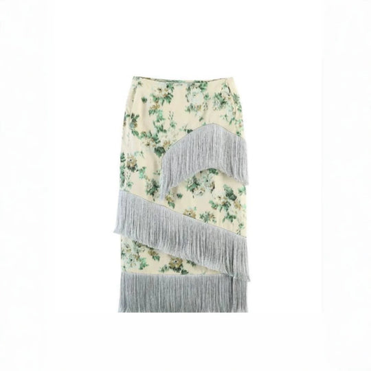 Damen Floral bedruckter Midirock mit diagonalem Fransenbesatz und schlanker Silhouette Shop Nory