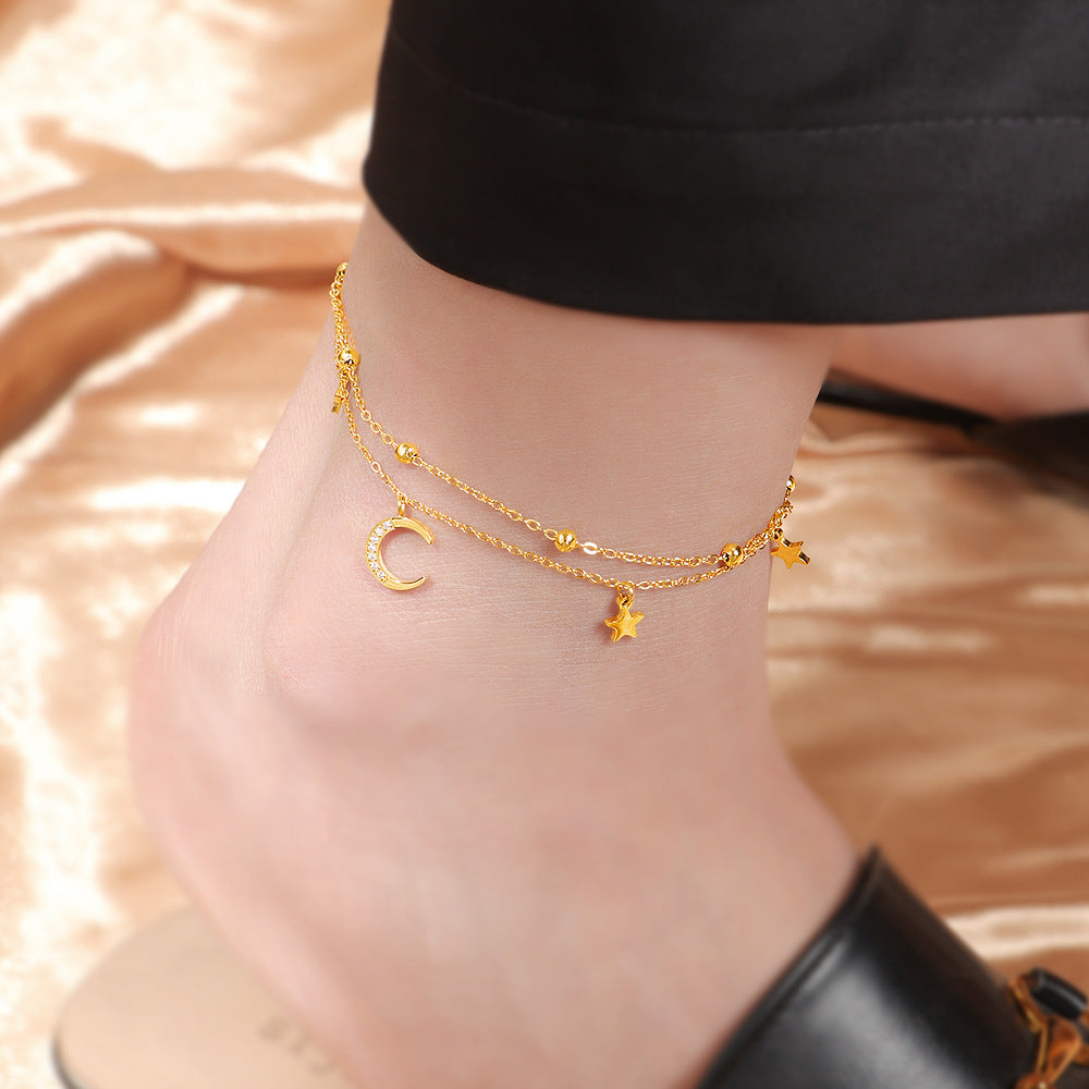 Damen Fußkette mit funkelnden Anhängern und Mond-Design Shop Nory