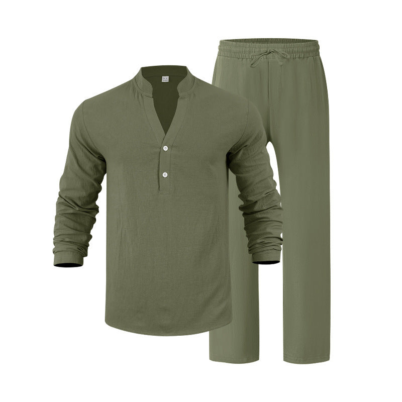 Herren nan legeres Henley-Set aus leichter Leinenoptik mit Stehkragen und elastischer Tunnelzughose Shop Nory