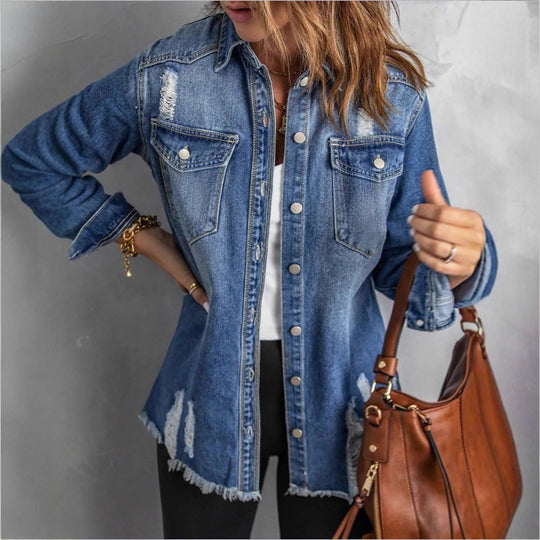 Damen Lässige Oversize-Denimjacke mit Destroyed‑Details, Hemdkragen und Fransen‑Saum Shop Nory