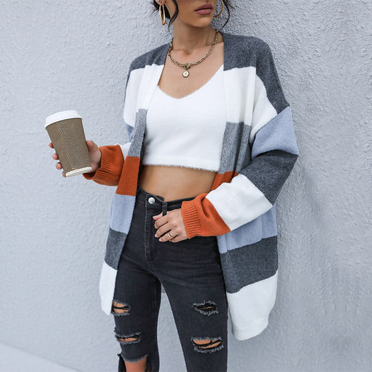 Damen Oversize Strickcardigan mit Blockstreifen und offener Front Shop Nory