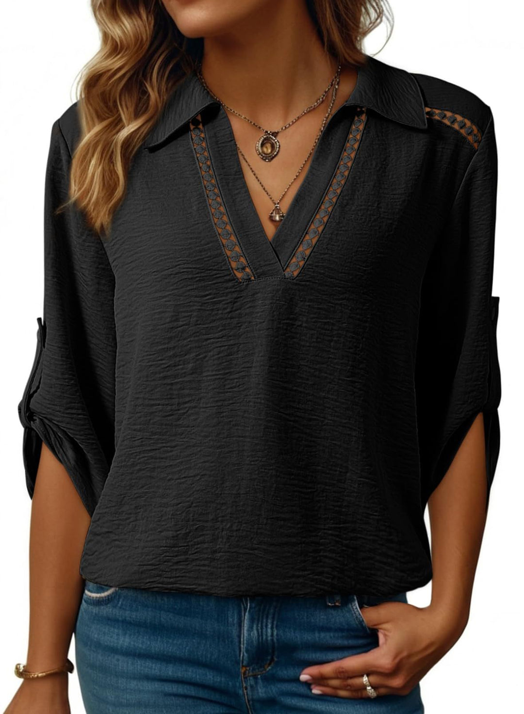 Damen Bluse mit V-Ausschnitt, gehäkelter Spitzenpasse und krempelbaren Dreiviertelärmeln Shop Nory