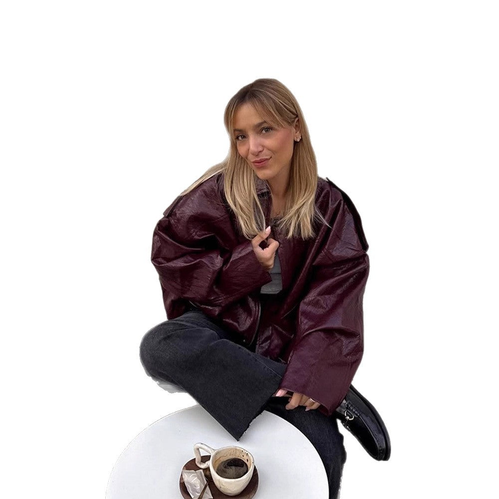 Damen Kurzblouson in glänzender Lackoptik mit Boxy‑Silhouette und überschnittenen Schultern Shop Nory