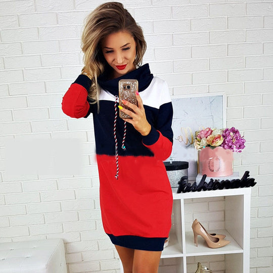 Damen Kapuzenkleid aus Baumwollmix mit Tunnelzug und Kontrastärmeln Shop Nory