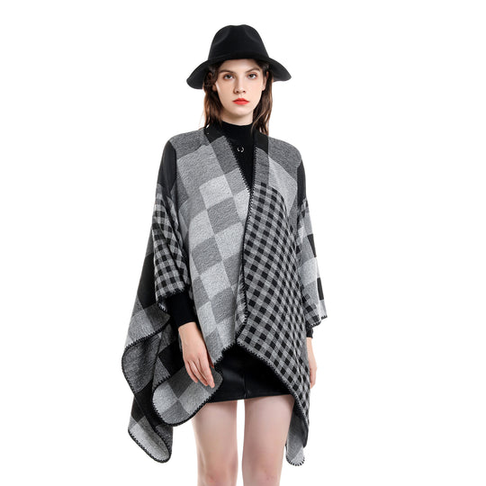 Damen Oversize-Umhang im Karomix aus Wollmix mit Häkelsaum Shop Nory