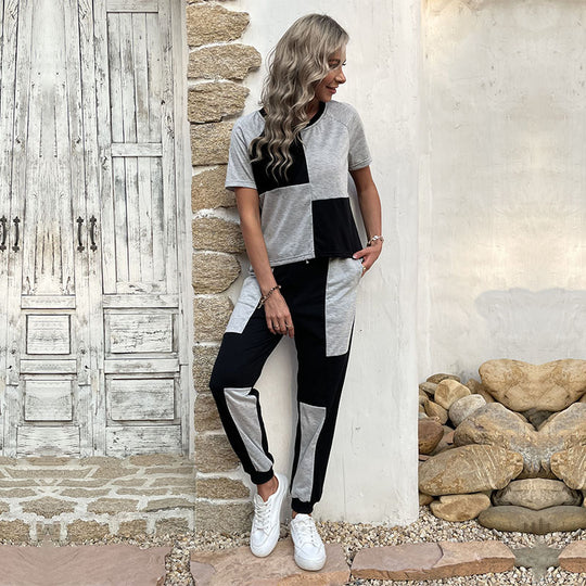 Damen Zweiteiler Freizeit-Set aus Baumwollmix mit Colorblock-Shirt und Jogginghose Shop Nory