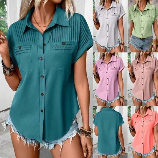 Damen Kurzarm-Bluse mit feiner Faltenpasse, Brusttaschen und Kentkragen Shop Nory