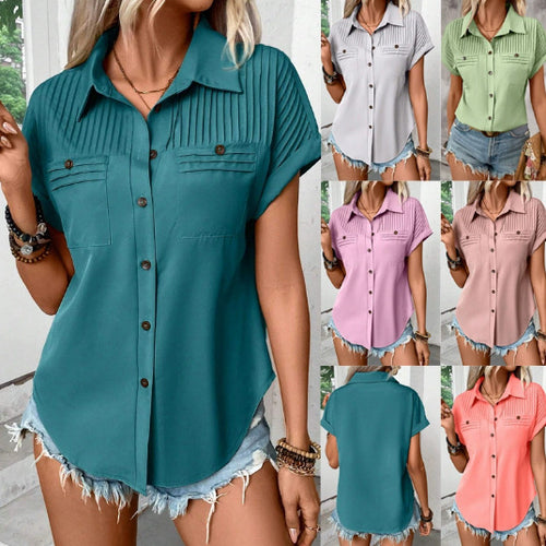 Damen Kurzarm-Bluse mit feiner Faltenpasse, Brusttaschen und Kentkragen Shop Nory
