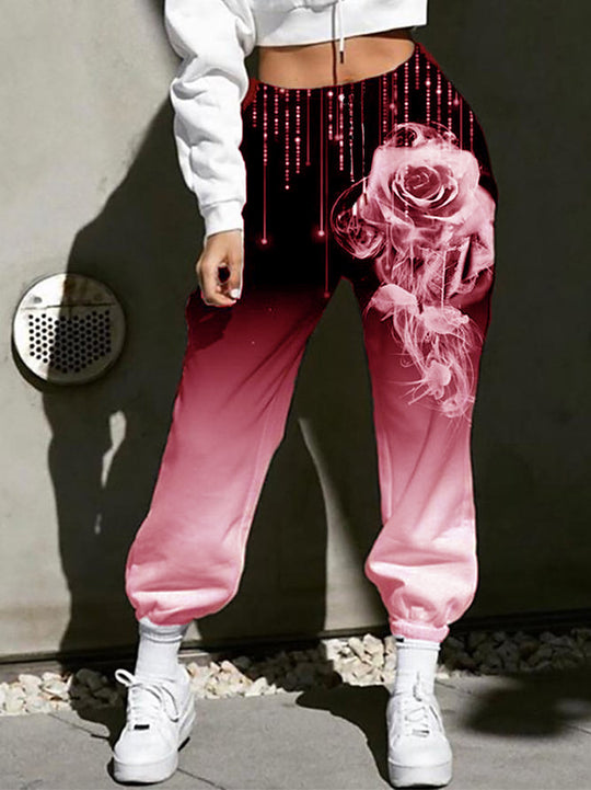 Damen Hohe Taille Jogginghosen mit Ombre-Gradient, Smoke Rose Druck und Elastischen Bündchen Shop Nory