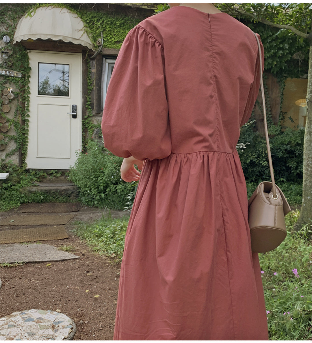 Damen Maxikleid mit V-Ausschnitt, geraffter Taillennaht und voluminösen dreiviertel-Ärmeln Shop Nory